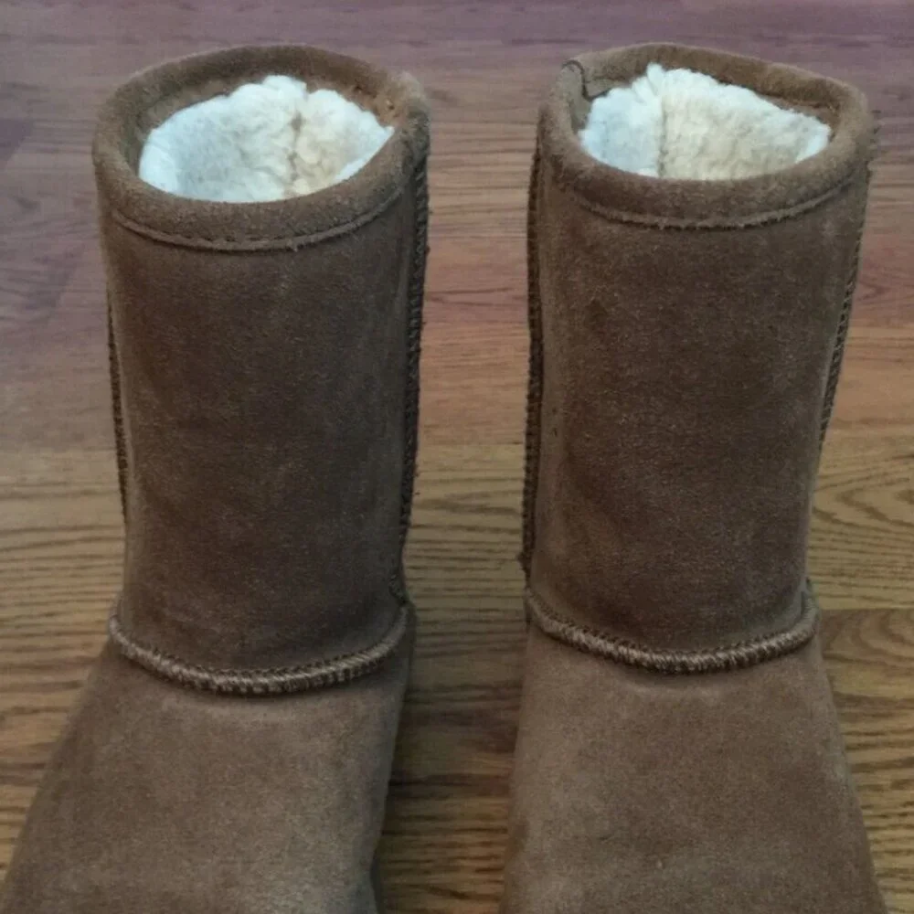 BEARPAW EVA NEVERWET BROWN SUEDE SHEEPSKIN ANKLE BOOTS S410Y YOUTH SIZE 4